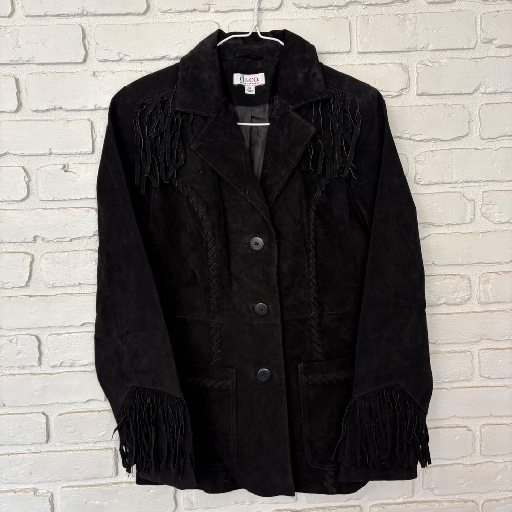 Vintage d. & co. Black Suede Fringe Jacket Western Boho Leather Jackey - Picture 2 of 7